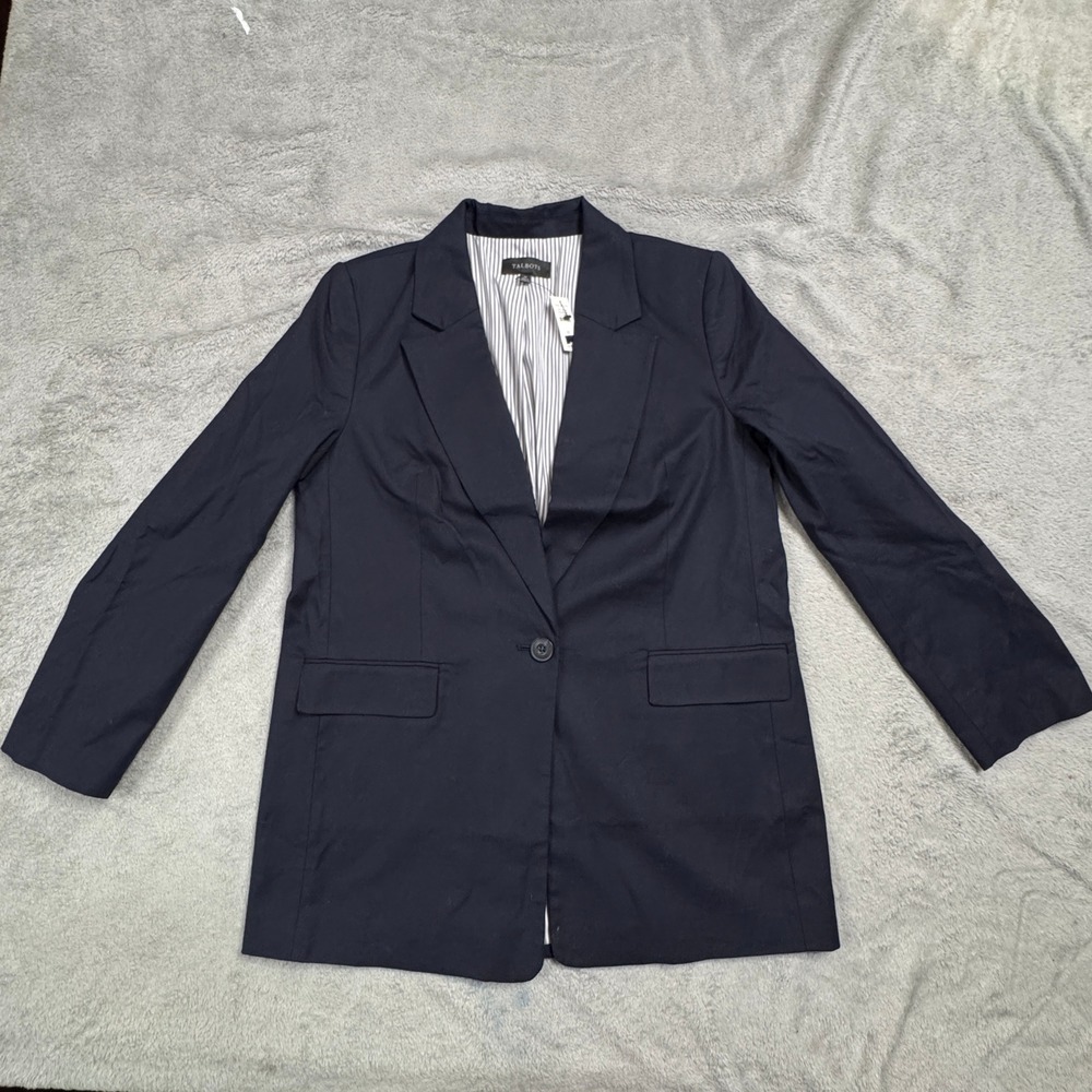 NWT Talbots Women's Navy Blue Cotton Linen Blend Single Button Blazer Size 10 - Picture 2 of 13